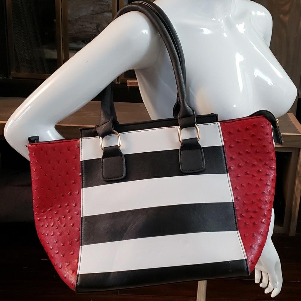 Black & White Stripe and Ostrich Print Satchel